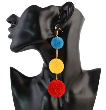 E-4315 Fashion Bohemian Colorful Pom Pom Long Drop Earrings for Women Party Jewelry Accessories