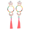 E-4324 Fashion Gold Plated Crystal Flower Enamel Hoop Silk Thread Tassel Big Earrings Women Jewelry
