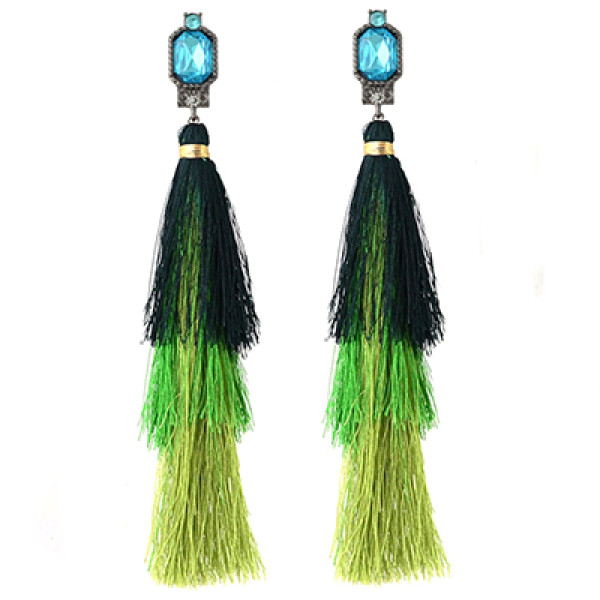 E-4332 Fashion Jewelry Gun Black Crystal Long Silk Thread Tassel Dangle Earrings