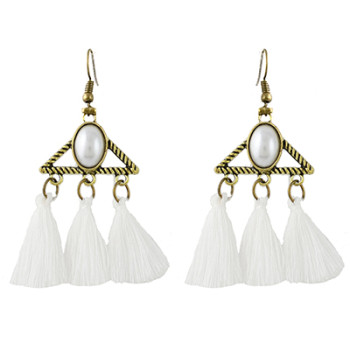 E-4341 Vintage Bronze Alloy Acrylic Gemstone Triangle Thread Tassel Earrings
