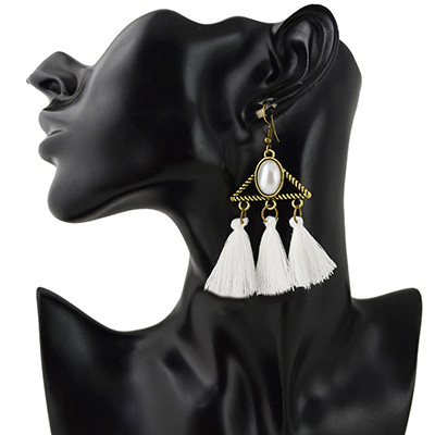 E-4341 Vintage Bronze Alloy Acrylic Gemstone Triangle Thread Tassel Earrings