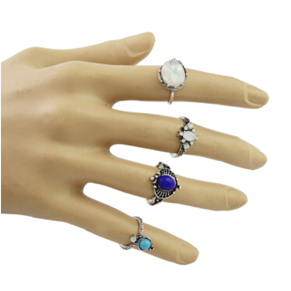 R-1481 4Pcs/set Bohemian Blue Stone Midi Finger Ring Sets for Women Fashion Jewelry Accessories