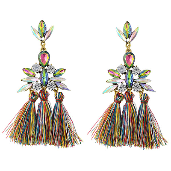 E-4346 4 Colors Golden Alloy Acrylic Crystal Gem Silk Thread Tassel Shourouk Earrings