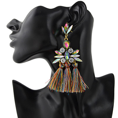 E-4346 4 Colors Golden Alloy Acrylic Crystal Gem Silk Thread Tassel Shourouk Earrings