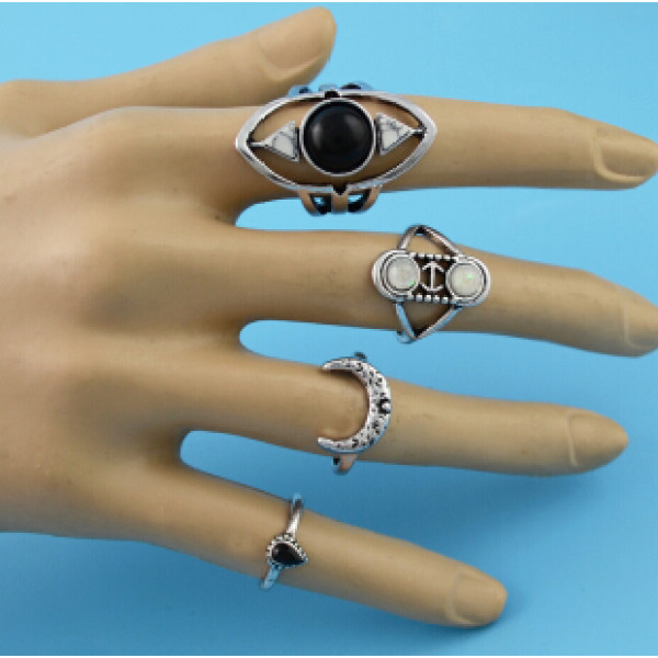 R-1485 8Pcs/set Gypsy Silver Gold Acrylic Stone Rhinestone Enamel Moon Midi Finger Ring Sets Fashion Jewelry Accessories