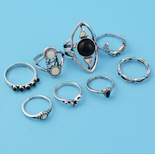 R-1485 8Pcs/set Gypsy Silver Gold Acrylic Stone Rhinestone Enamel Moon Midi Finger Ring Sets Fashion Jewelry Accessories