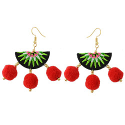 E-4358 Gold Plated Thread Fan Shape Pom Pom Balls Dangle Earrings