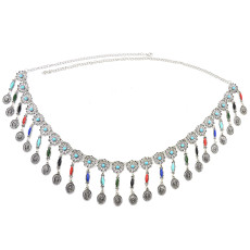 N-6945 Bohemian Silver Plated Colorful Bead Body Chain Bell Carved Hollow Out Flower Waist Belly Chain for Women Jewelry