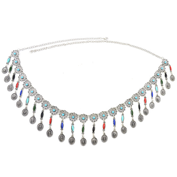N-6945 Bohemian Silver Plated Colorful Bead Body Chain Bell Carved Hollow Out Flower Waist Belly Chain for Women Jewelry