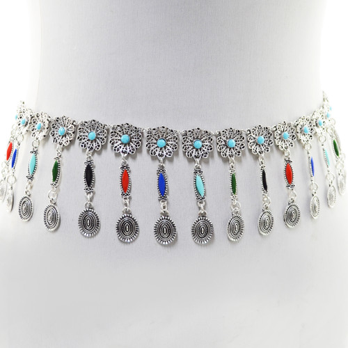 N-6945 Bohemian Silver Plated Colorful Bead Body Chain Bell Carved Hollow Out Flower Waist Belly Chain for Women Jewelry