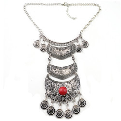 N-6947 Fashion Silver Plated Alloy Carving Metal Resin Gem Flower Drop Choker Necklace for Women Jewelry