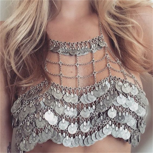 N-6466 Bohemian Vintage style gold & silver plated coin shape tassel underwear necklace for women jewelry