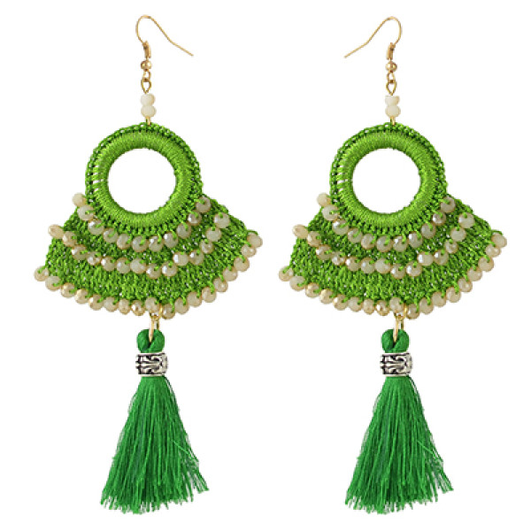 E-4372 Ethnic Handmade Hoop Beaded Thread Tassel Drop Earrings Jewelry Accessories