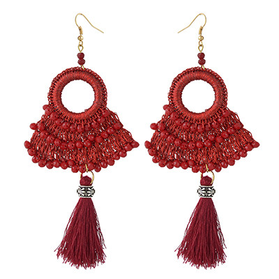 E-4372 Ethnic Handmade Hoop Beaded Thread Tassel Drop Earrings Jewelry Accessories