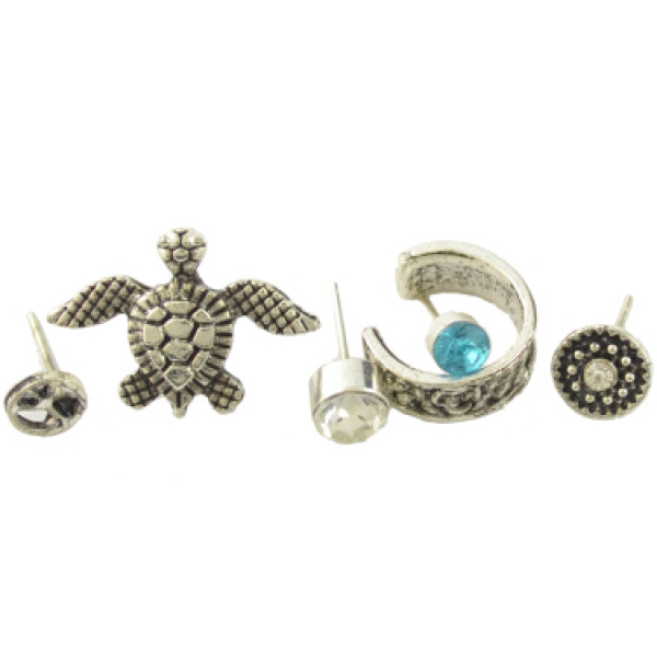E-4377 6Pcs/set Tortoise Shape Silver Metal Rhinestone Stud Earrings for Women Bohemian Party Fashion Accessories