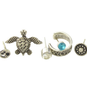 E-4377 6Pcs/set Tortoise Shape Silver Metal Rhinestone Stud Earrings for Women Bohemian Party Fashion Accessories
