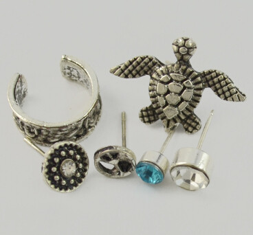 E-4377 6Pcs/set Tortoise Shape Silver Metal Rhinestone Stud Earrings for Women Bohemian Party Fashion Accessories