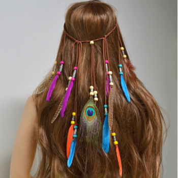 F-0469 Handmade Ethnic Tribal Gypsy Turkish Rope Wood Beads Feather Hairband Hair Clip Hair Jewelry For Women & Girls Jewelry