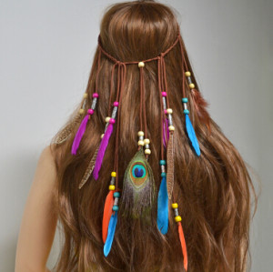 F-0469 Handmade Ethnic Tribal Gypsy Turkish Rope Wood Beads Feather Hairband Hair Clip Hair Jewelry For Women & Girls Jewelry