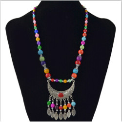 N-6960 2 style Bohemian Vintage Colorful Acrylic Bead Chain Alloy Moon Leaves Tassel Pendant Choker Necklace for Women Costume Jewelry