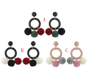 E-4386 3 Colors Pom Pom Ball Drop Earrings for Women Ladies Wedding Party Fashion Jewelry
