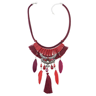 N-6959 Bohemian Thread Feather Acrylic Gem Leather Pendant Necklace