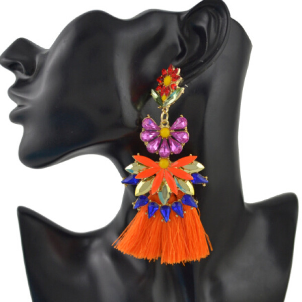 E-4400 7 Colors Golden Alloy Acrylic Crystal Gem Silk Thread Tassel Shourouk Earrings
