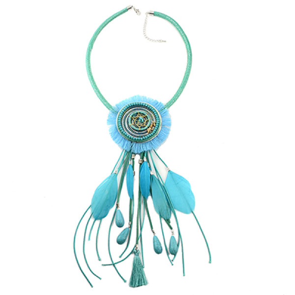 N-6966 Bohemian Style Dream Catcher Feather Stone Thread Tassel Statement Necklace