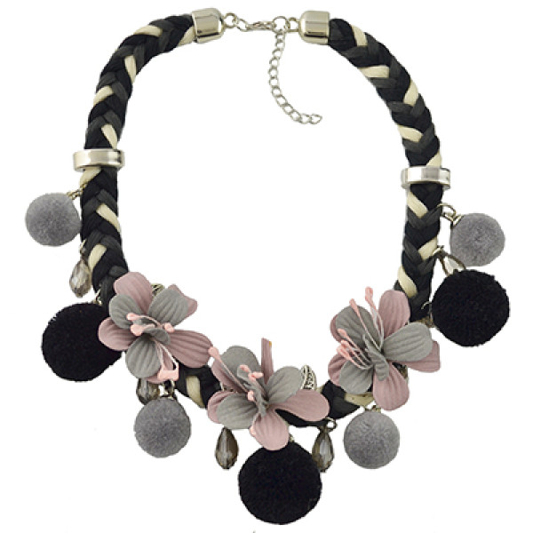 N-6963 Fashion Thread Weave Chain Leaf Flower Pom Pom Choker Bib Necklace