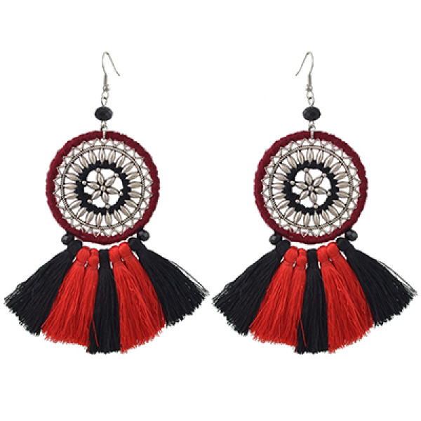 E-4417 Bohemian Style Vintage Silver Alloy Big Flower Thread Tassel Dangle Earrings