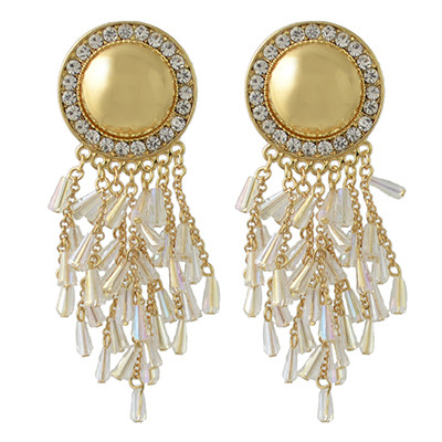 E-4423 5 Colors Gold Plated Round Rhinestone Acrylic Beaded Tassel Drop Earrings Jewelry Accessories