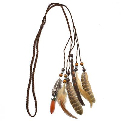 F-0341 Bohemian Handmade Retro Style Rope Chain Natural Stone Feather Tassel Headdress  Hairband Accessory