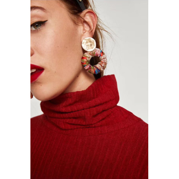 E-4443 5 Colors Elegant Lady Ethnic Style Gold Plated Metal Stud Annulus Shape Colorful Fabric Pendant  Drop Dangle Earrings for Women Party Jewelry