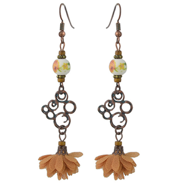 E-4442 Vintage Style Copper Alloy Wood Ceramics Beads Flower Dangle Earrings
