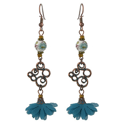 E-4442 Vintage Style Copper Alloy Wood Ceramics Beads Flower Dangle Earrings