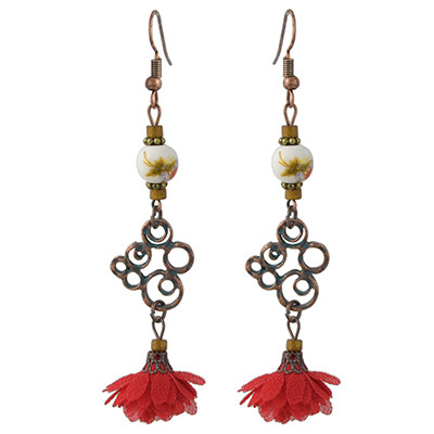 E-4442 Vintage Style Copper Alloy Wood Ceramics Beads Flower Dangle Earrings