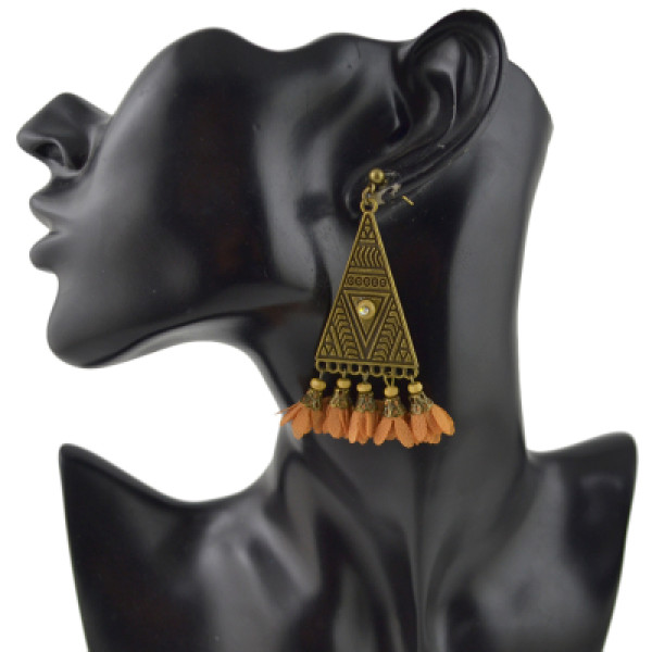 E-4452 Ethnic New fashion 4 colors Vintage Pattern Bronze Plated Alloy Pyramid Shape Crystal Chiffon Flower Pendant Drop Earrings for Women Jewelry