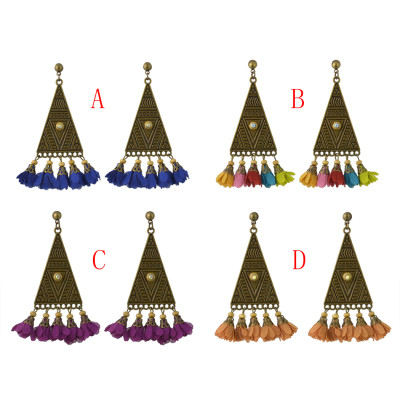 E-4452 Ethnic New fashion 4 colors Vintage Pattern Bronze Plated Alloy Pyramid Shape Crystal Chiffon Flower Pendant Drop Earrings for Women Jewelry