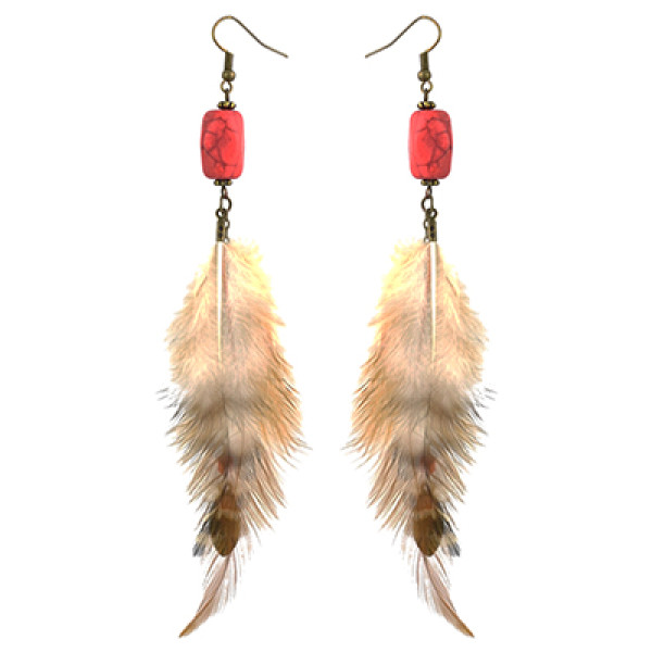 E-4451 Bohemian Vintage Bronze Alloy Turquoise Feather Long Drop Earrings