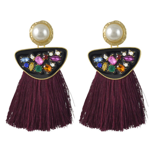 E-4458 Bohemian Fringe Earrings Exaggerated Inlaid Crystal Rhinestone Colorful Tassel Pearl Earrings