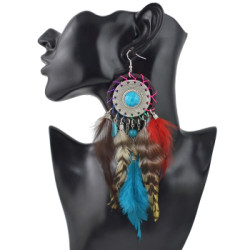 E-4470 Bohemia Statement Earring Feather Acrylic Stone Long Metal Tassel Handmade Resin Beaded Pendant Drop Dangle Earrings for Women Jewelry
