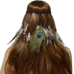 F-0476 Bohemian Handmade Ethnic Gypsy Wood Beads Feather Peacock Hairband Hair Clip Hair Jewelry