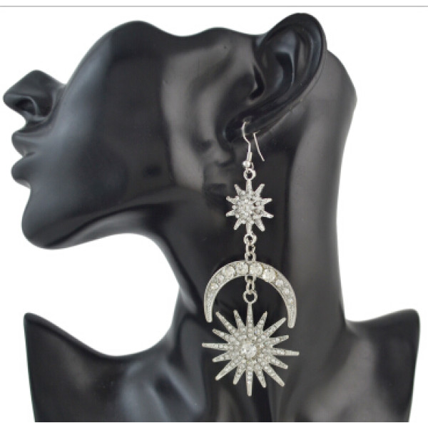 E-4487 Fashion Moon Sun Shape Crystal Long Drop Earrings for Women Ladies Party Jewelry