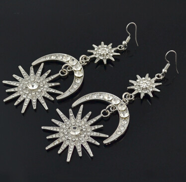 E-4487 Fashion Moon Sun Shape Crystal Long Drop Earrings for Women Ladies Party Jewelry