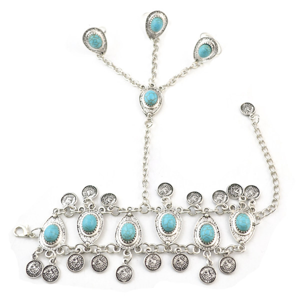 B-0879 3 Colors Bohemian Retro Silver Plated Alloy Inlay Resin Coin Beads Pendant Hand Chain Ring Bracelet For Women