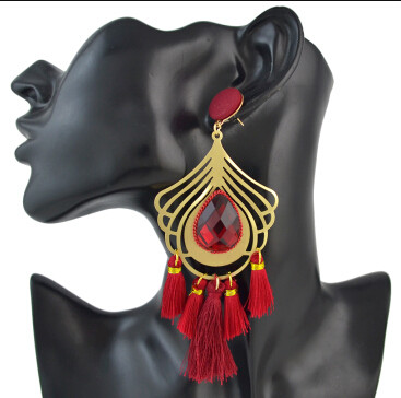 E-4497 5 Colors Bohemian Gold Alloy Big Crystal Fringe Tassel Long Drop Earrings for Women Party Jewelry