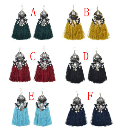 E-4502 6 Colors Boho Resin Beads Crystal Statement Thread Tassel Drop Earrings for Women Wedding Party Jewelry