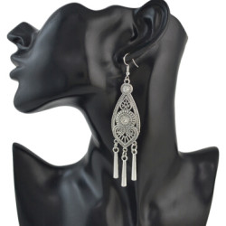 E-4509 Vintage Style Silver Alloy Carved Flower Geometric Tassel Fish Hoop Earrings
