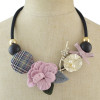 N-7019 New Fashion Silver Plated Crystal Rhinestone Pearl Leather Flower Choker Necklace