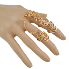 R-1494 Fashion Women Hollow Flower Gold Silver Chain Link Crystal Knuckle Adjustable Finger Ring Party Jewelry